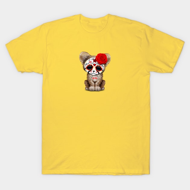 Red Day of the Dead Sugar Skull Cheetah Cub T-Shirt by jeffbartels